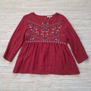 Polagram Red Long Sleeve Peplum Top with Folk Inspired Floral Embroidery Size M